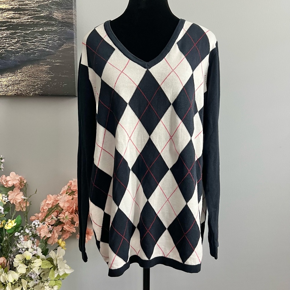 Tommy Hilfiger Women’s Argyle V-Neck Sweater Navy Blue Size 1X
